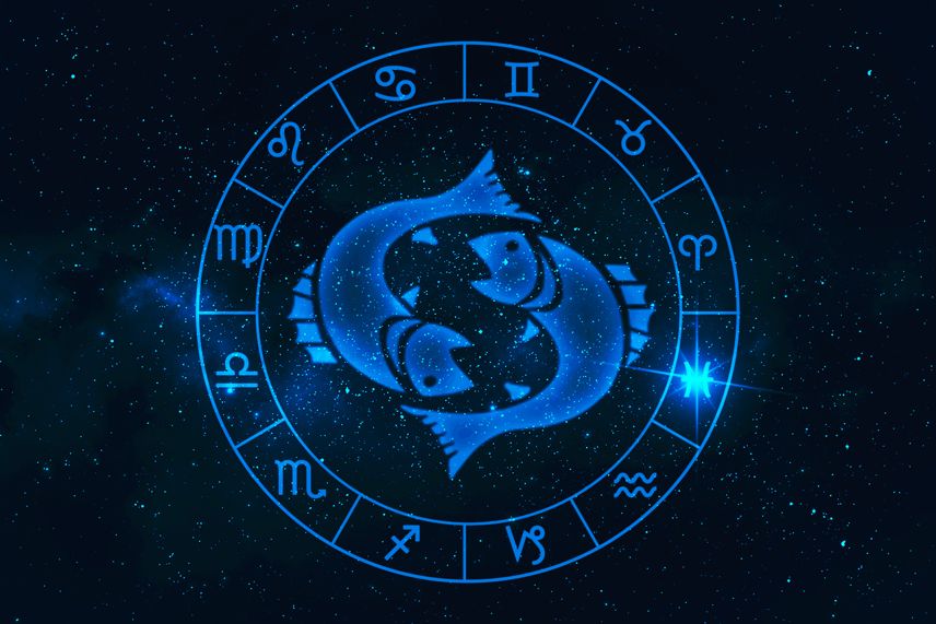 Pisces zodiac sign and zodiac wheel illustration