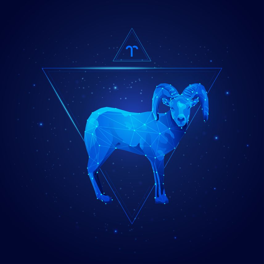 aries horoscope sign in twelve zodiac with galaxy stars background, graphic of wireframe sheep