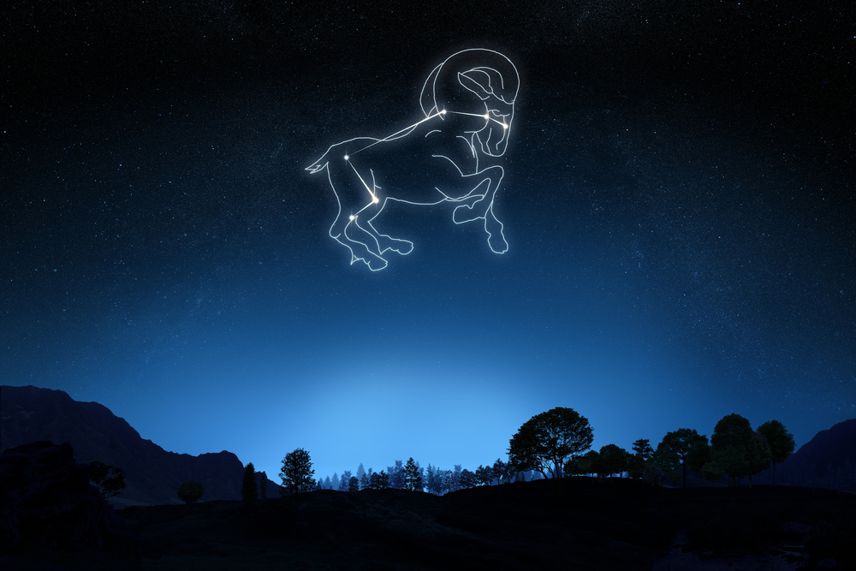 Zodiac Aries with a star and symbol outline on a gradient sky background.