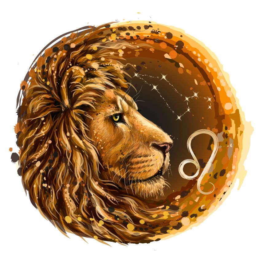 Leo. Zodiac sign. Artistic, color, drawn image of the zodiac Leo with a symbol and star scheme in watercolor style on a white background.