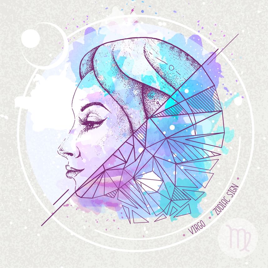 Realistic hand drawing and polygonal woman head illustration on watercolor background. Magic card with Virgo zodiac sign