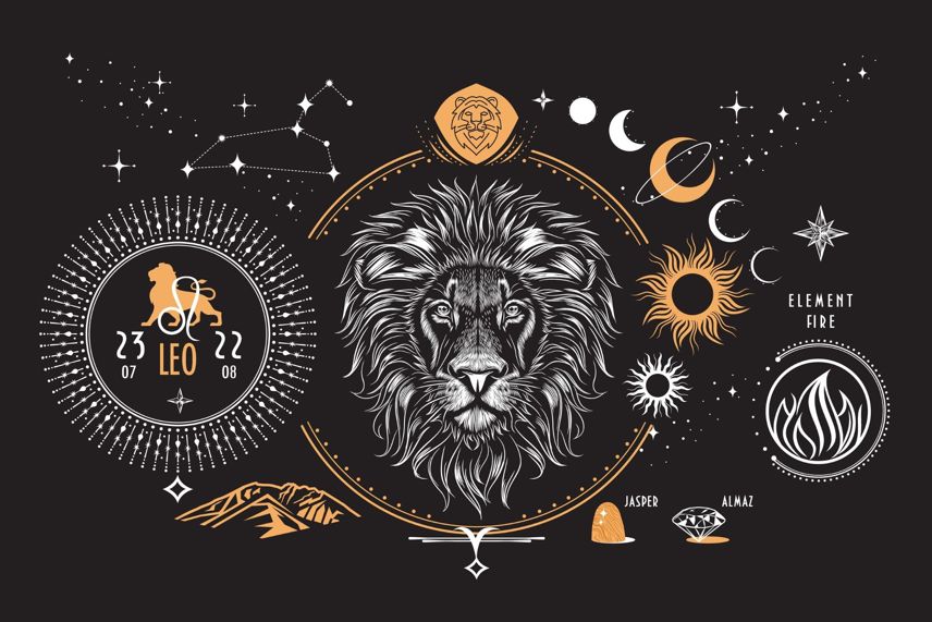 The astrological sign of the zodiac is Leo. Realistic hand drawing of a lion's head on a dark background. Zodiac characteristic, stars, constellation, stones, symbols, icons.