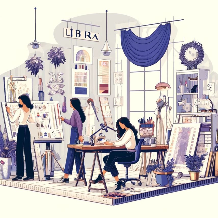 A detailed illustration of a non-Caucasian Libra working as an interior decorator. The stylish workspace includes design plans, fabric samples, and a color palette. The environment showcases their artistic process, with art pieces and decor elements reflecting their eye for aesthetics.