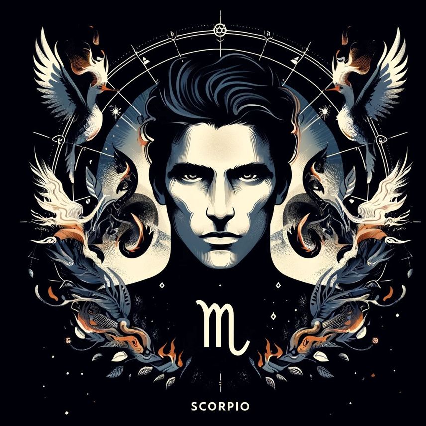 An illustration of a Scorpio. The figure has a mysterious and intense aura, surrounded by symbols of transformation such as a phoenix. The overall atmosphere is dark and captivating, highlighting the enigmatic and powerful nature of Scorpio. The image does not contain any text