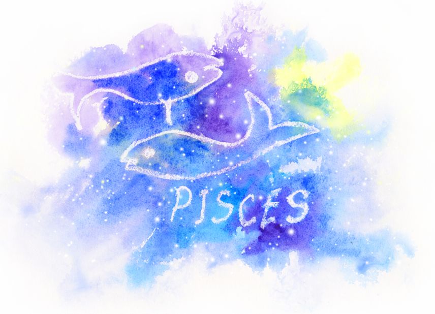 Pisces zodiac sign on watercolor background