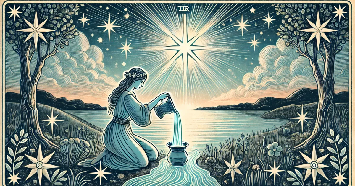 A serene image of The Star tarot card with a woman and a flowing stream